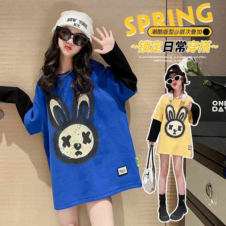 女童卫衣夏季新款潮酷时尚洋气中大童宽松休闲儿童上衣假两件长袖