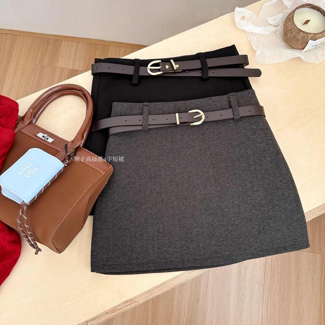 2024年冬季新款韩版休闲加厚百搭显瘦防走光毛呢包臀短裙女配腰带