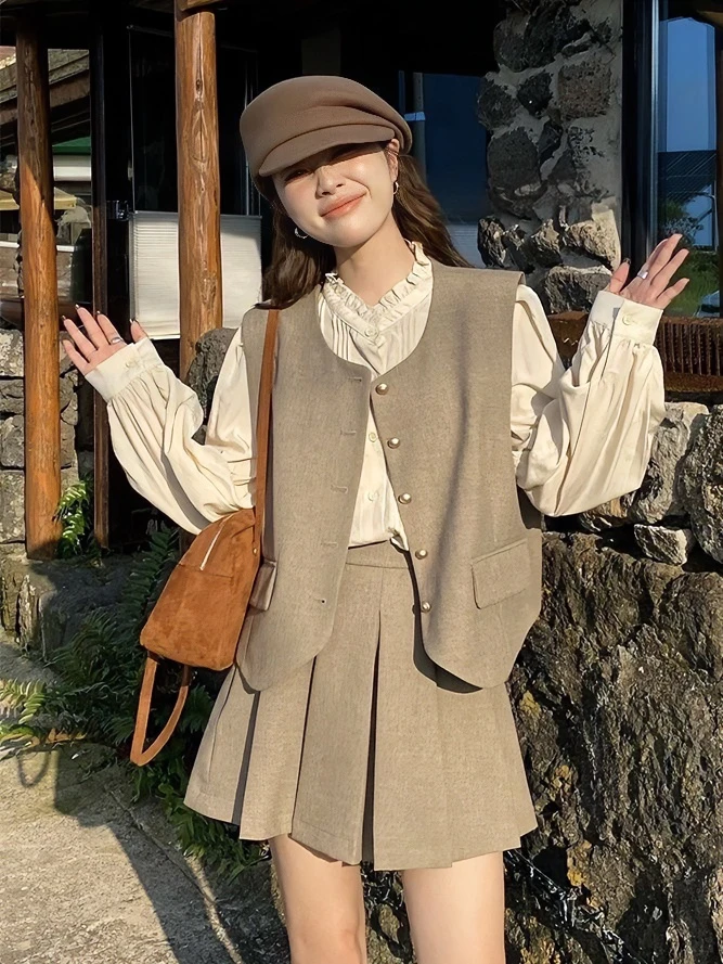 80899小香风西装套装女春气质衬衫马甲百褶裙搭配一整套三件套