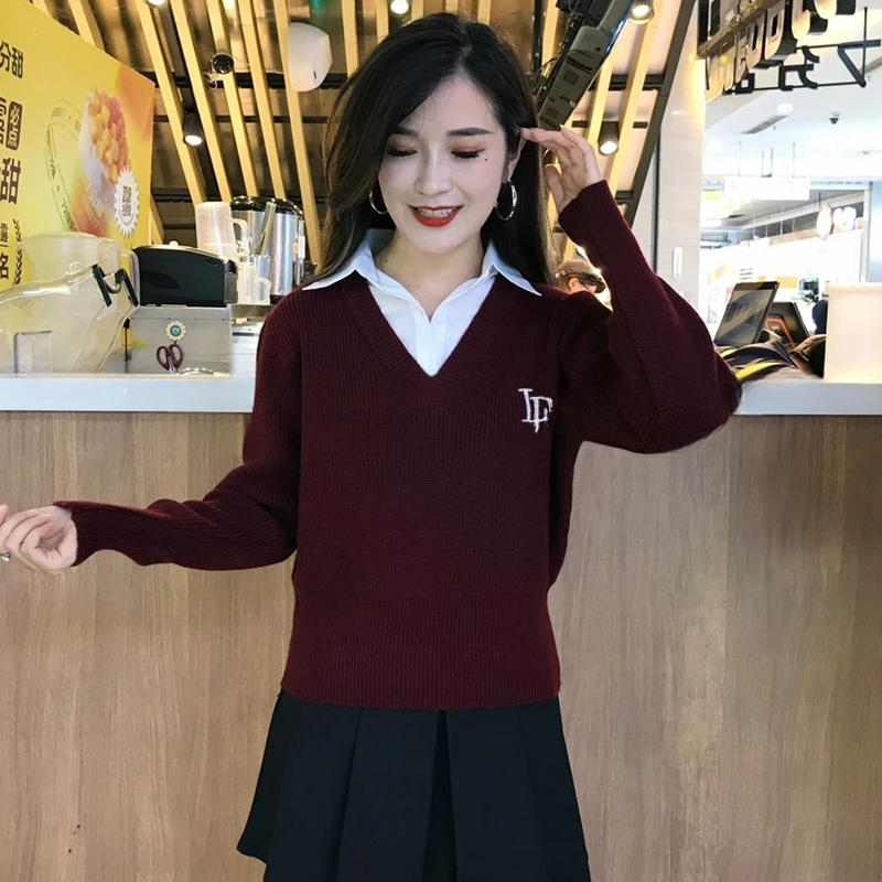 2025春秋季新款百搭假两件Polo领针织衫女设计感洋气减龄宽松毛衣