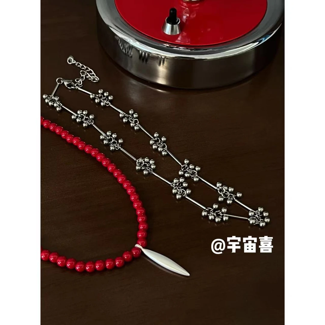 钛钢大理石项链 G5-004【mona小钢珠穗项链颈链红色串珠项链】