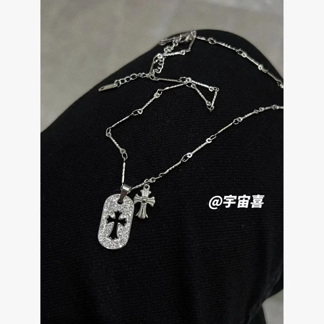 钛钢项链 G4-001【钛钢银色易梦玲同款十字架椭圆牌螺丝扣】