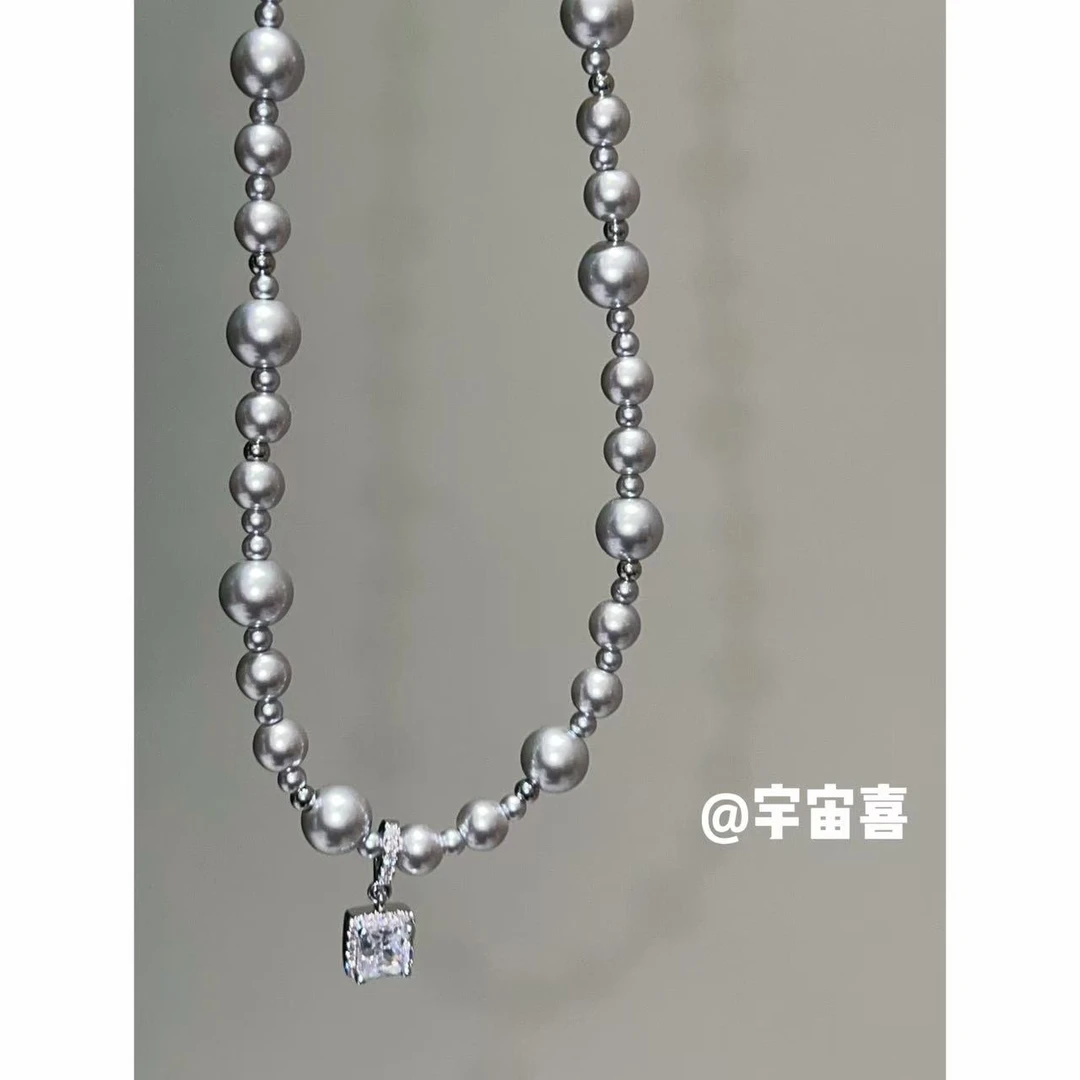 铜合金仿珍珠项链 H2-025【方块冰糖灰贝珠串珠拼接项链】
