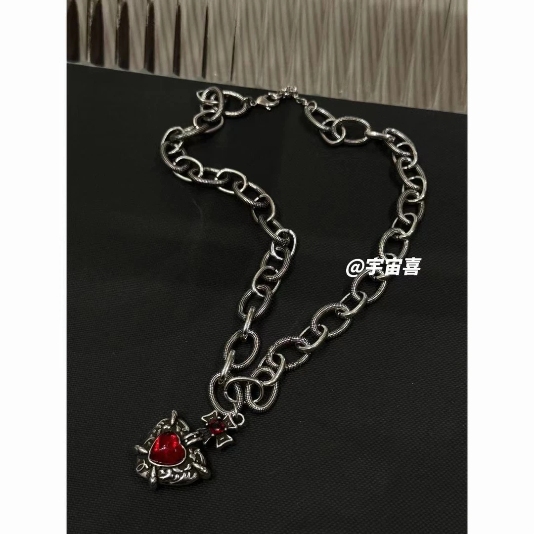 铜合金项链 H5-024【粗链条红色果酱爱心中古重工爱心项链】