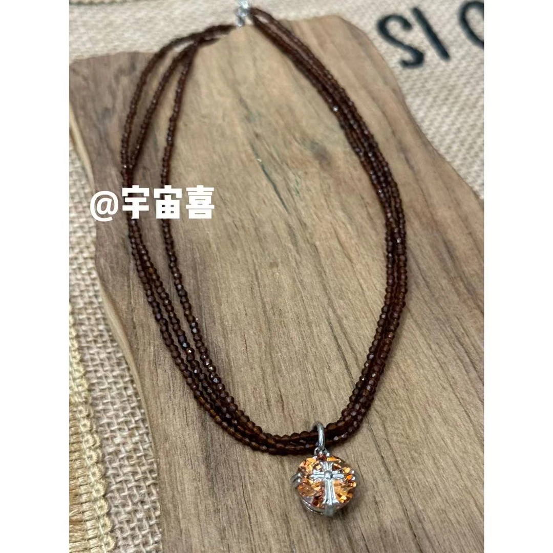 铜合金仿水晶项链 G2-020【咖啡色三层茶色串珠项链】圆形茶色锆