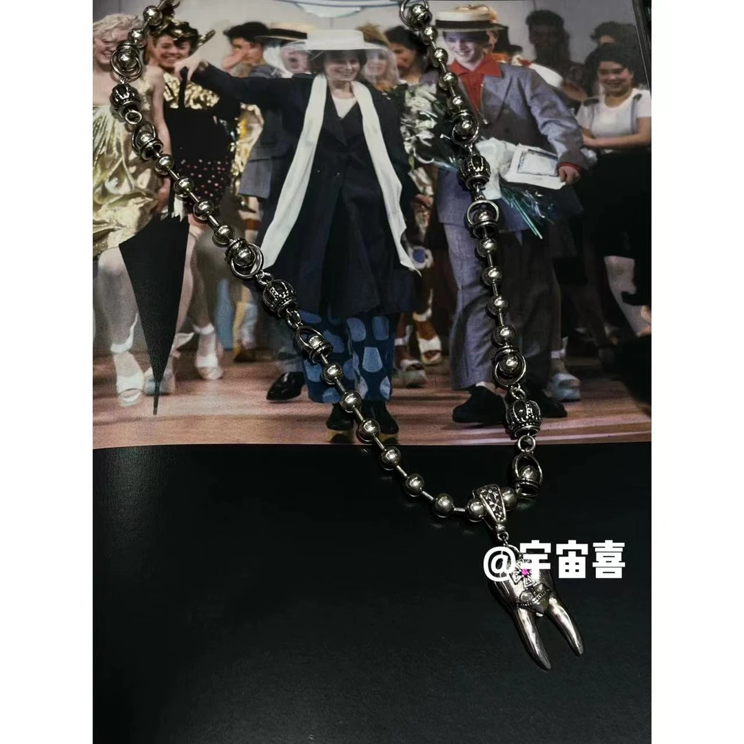 铜合金项链 F1-036【中古镀银牙齿皇冠串珠鱼钩链条中古星球项链】