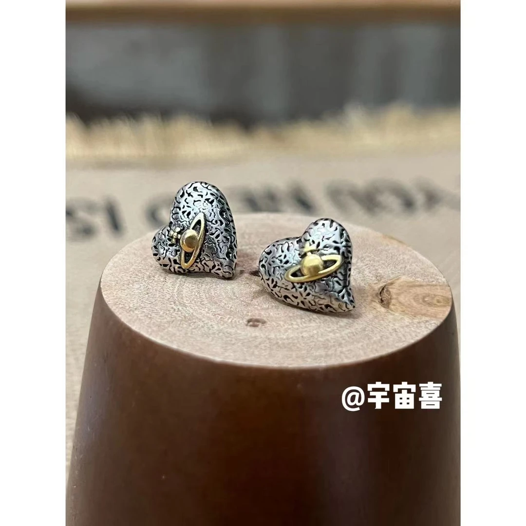 铜合金耳饰 B3-071【纹理金银撞色小尾巴爱心星球迷你镀银耳钉】