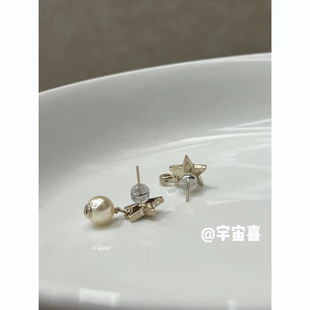 铜合金仿珍珠耳饰 E5-036【咖啡金五角星ab坠贝珠耳钉】