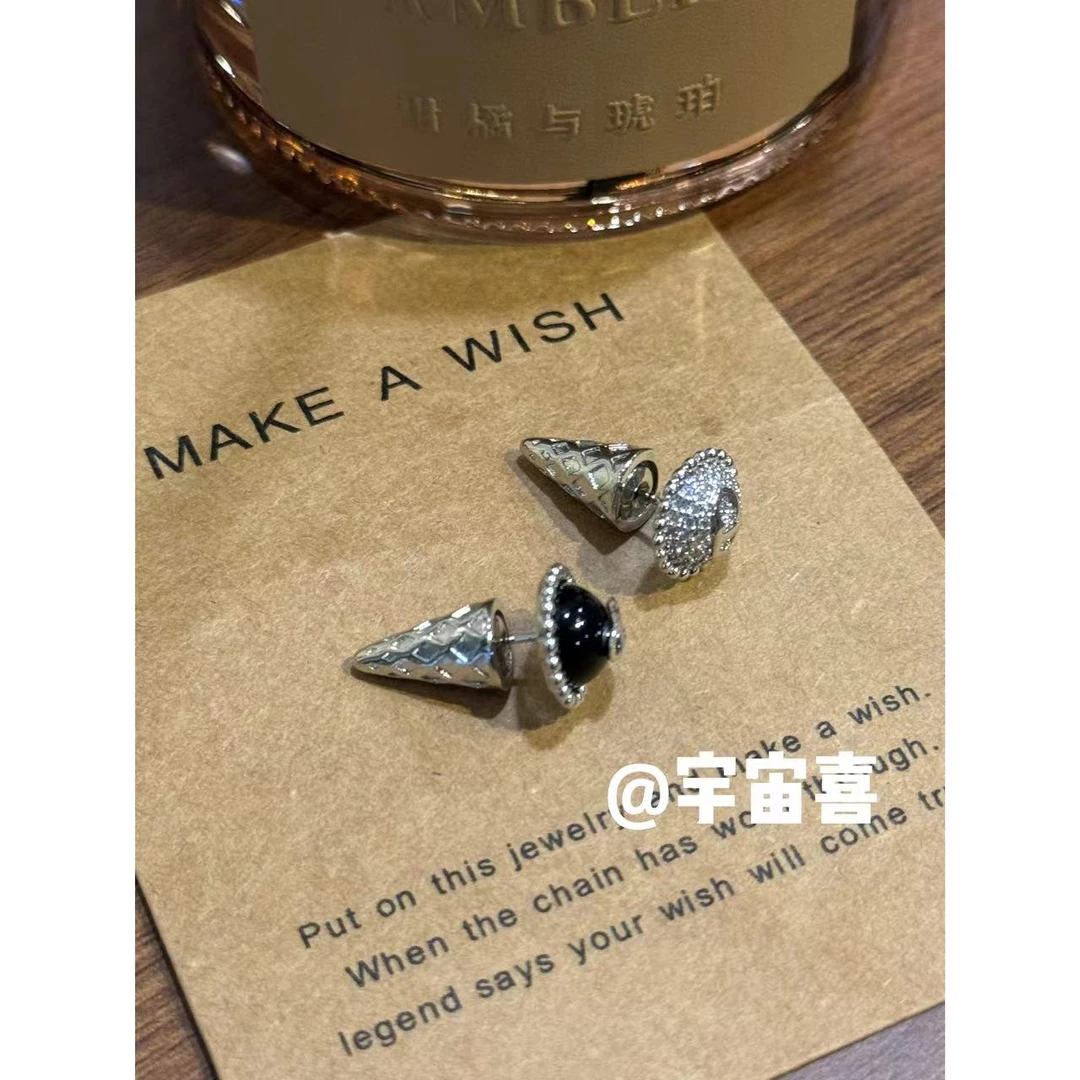 铜合金锆石耳饰 B2-051亮面银色甜筒ab亚克力耳钉【小黑豆版】