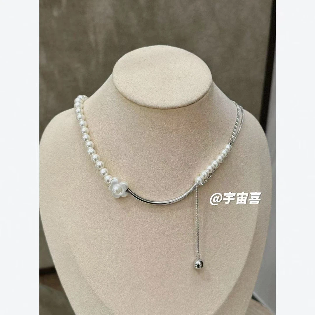 铜合金仿珍珠项链 G2-006【银白拉丝花朵贝珠开口笑流苏串珠项链】