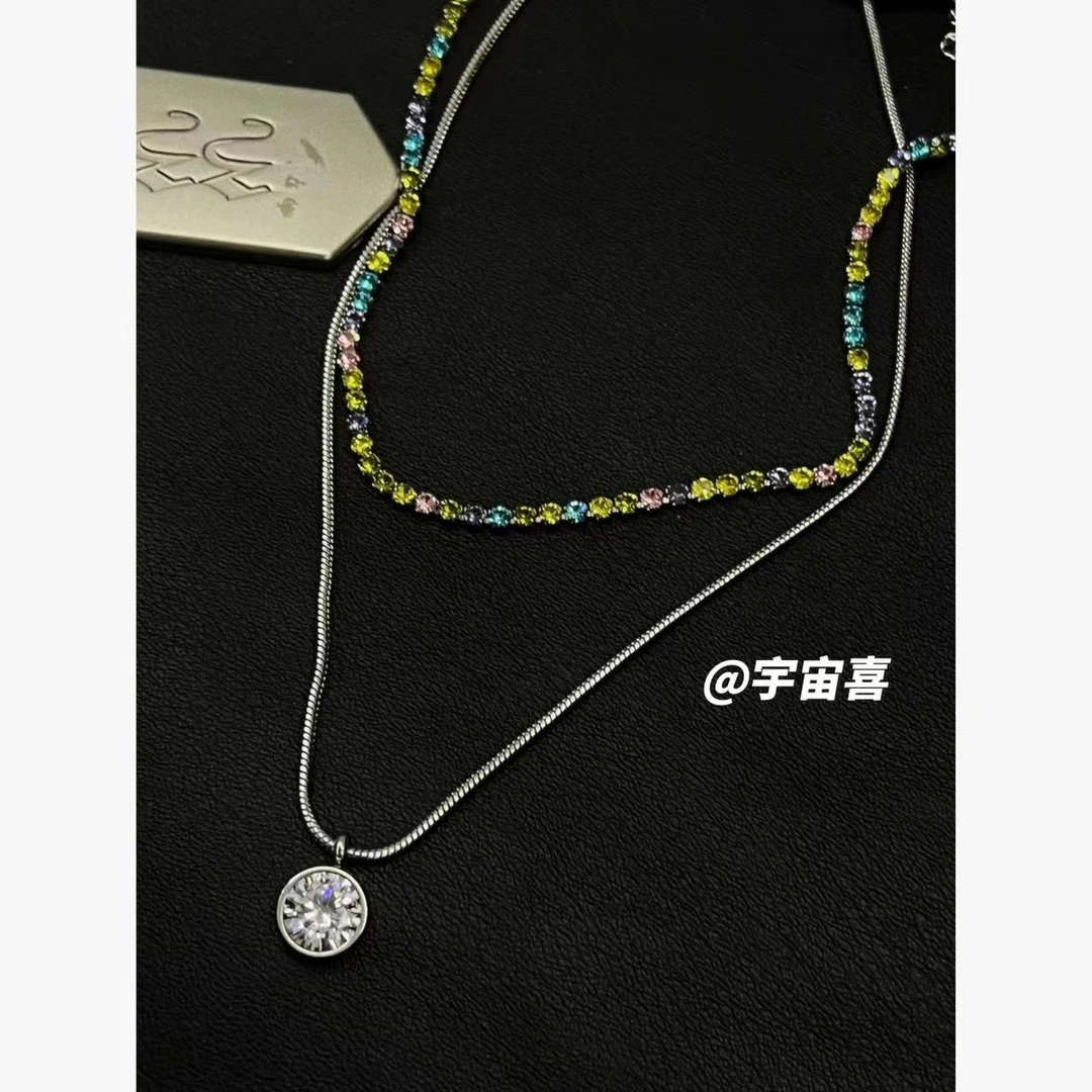 钛钢锆石项链 G5-014小众设计【钛钢彩虹银色圆形双层项链】