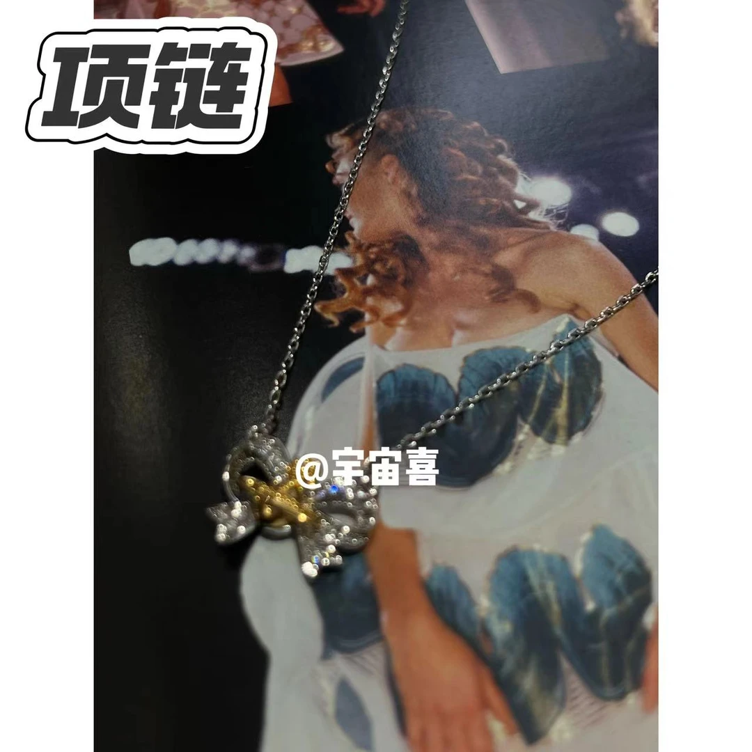 铜合金项链 J5-010【白锆蝴蝶结金银星球细链项链】