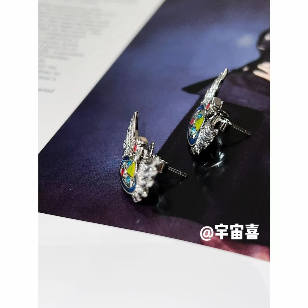 铜合金锆石耳饰 D1-012【珐琅中古撞色星球白锆翅膀耳钉】