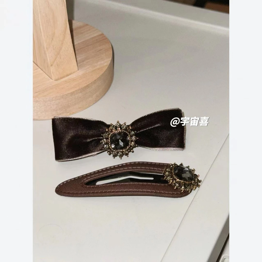 M5-027【ab鸭嘴夹bb夹复古蝴蝶结布艺灰茶色发夹】