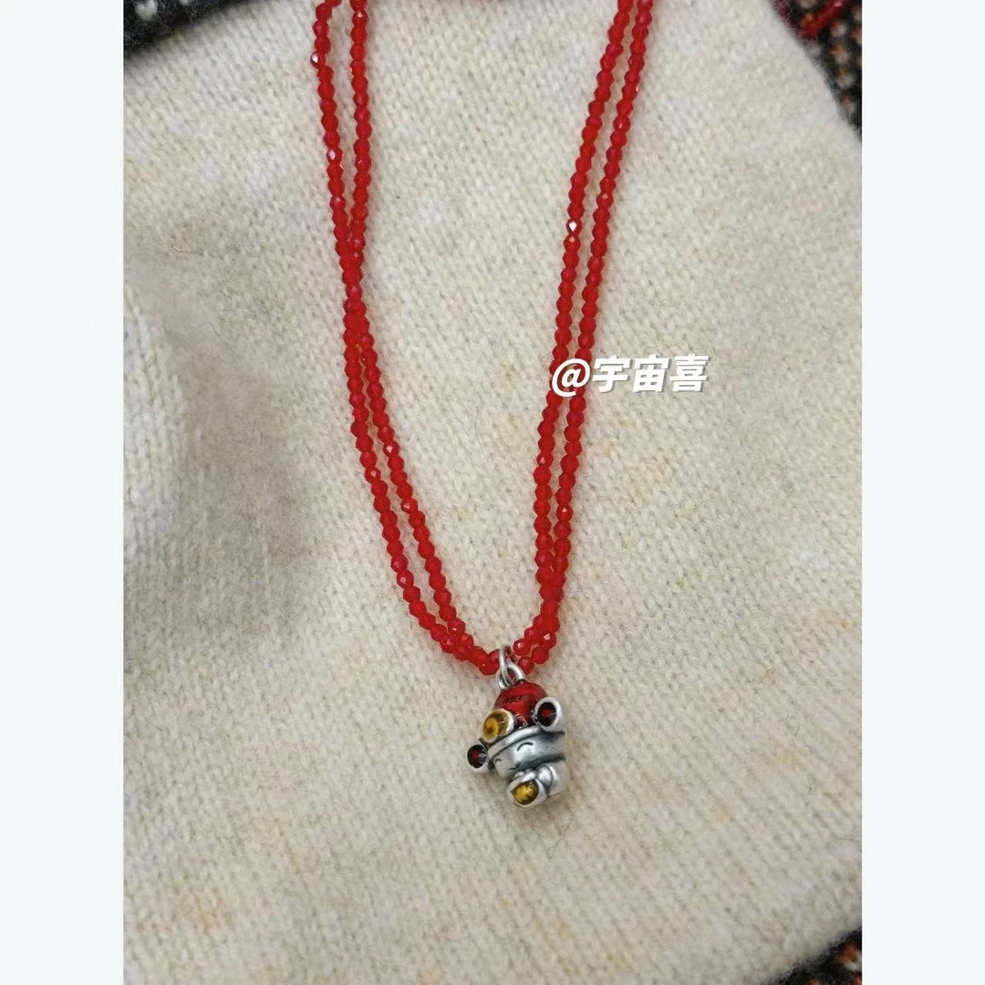 吊坠925银仿水晶 过年必备小财神红色方糖双层项链