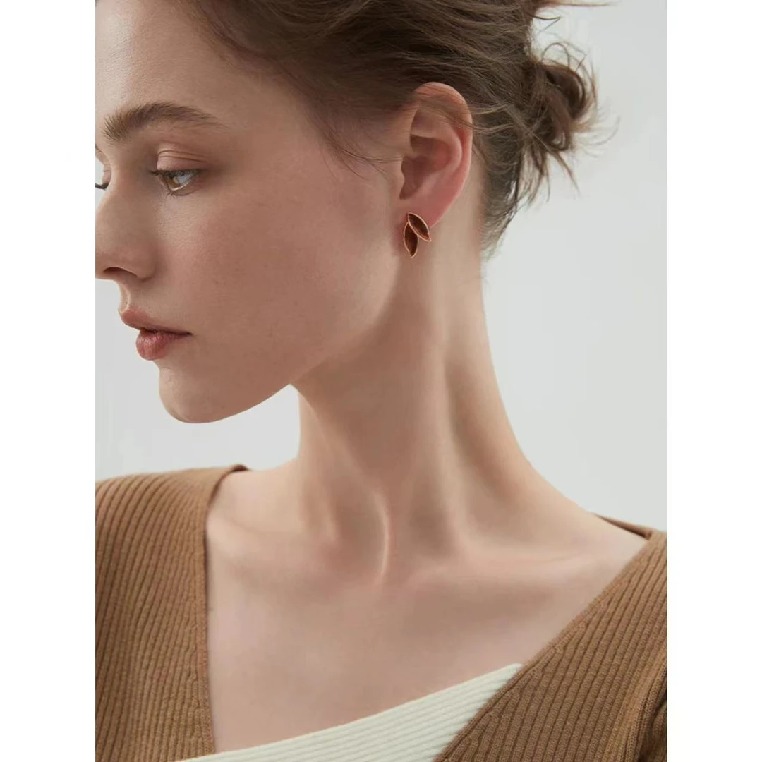 铜合金珐琅耳饰 【茶金色小树叶耳钉】C4-034