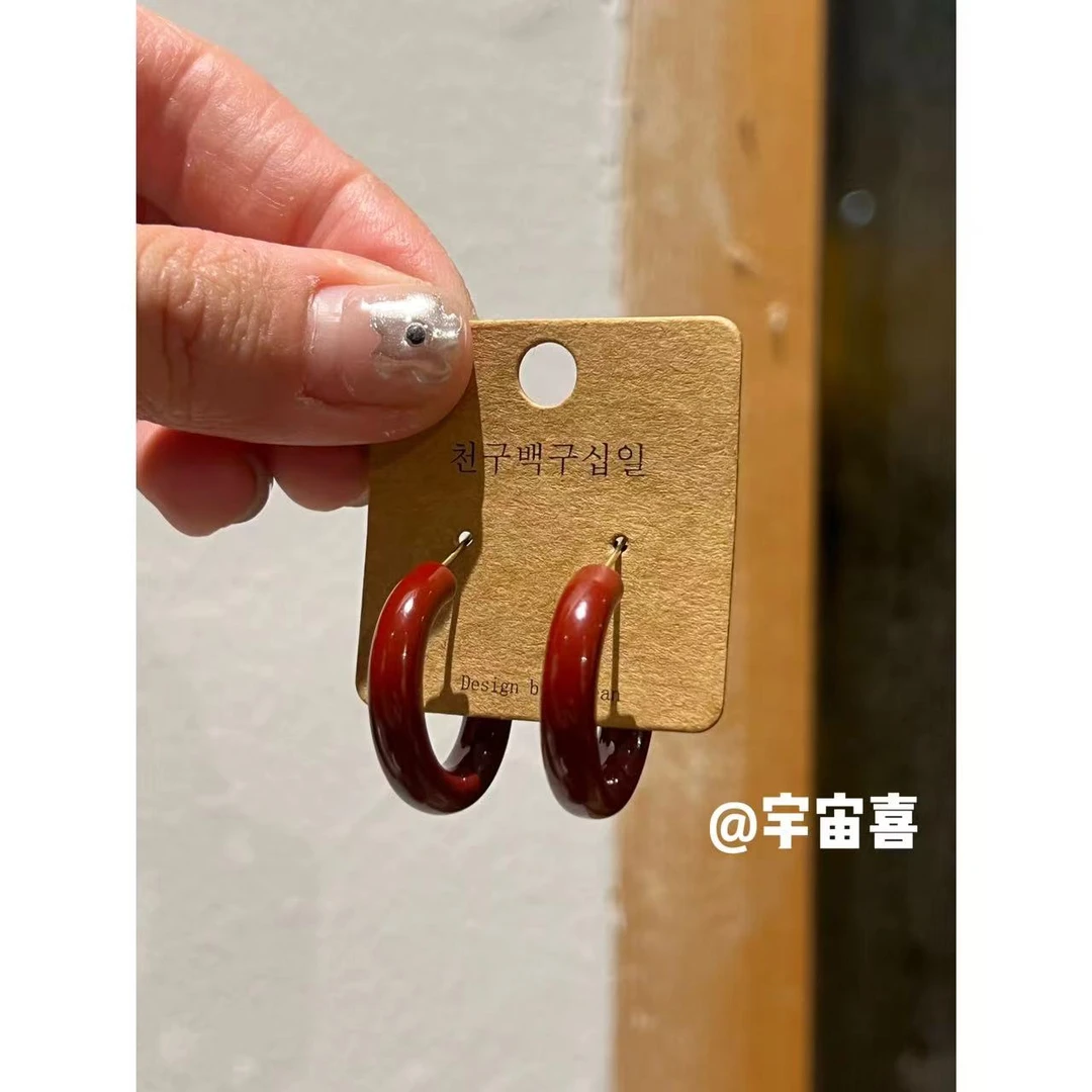 铜合金珐琅耳饰 E1-076【安克拉红宽版烤漆耳扣耳圈】