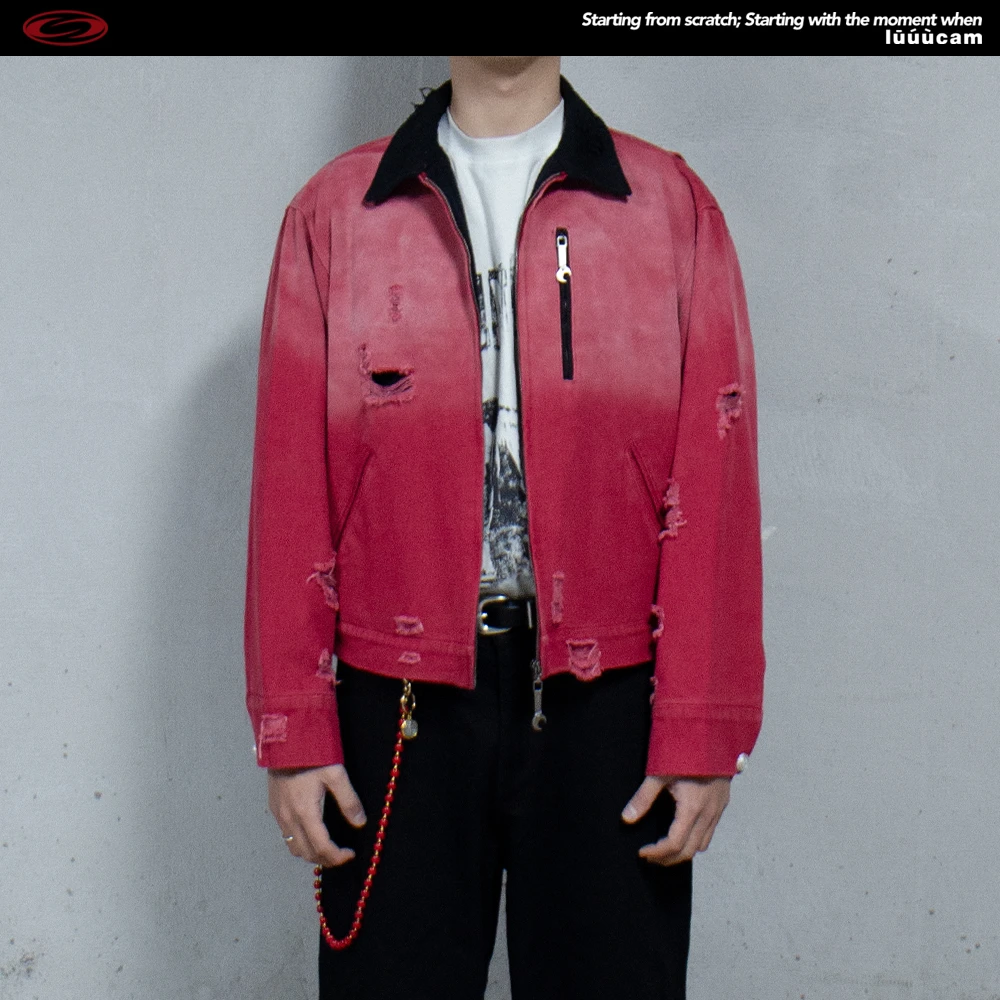 luuucam重磅做旧水洗酒红破洞vintage底特律夹克美式复古帆布外套