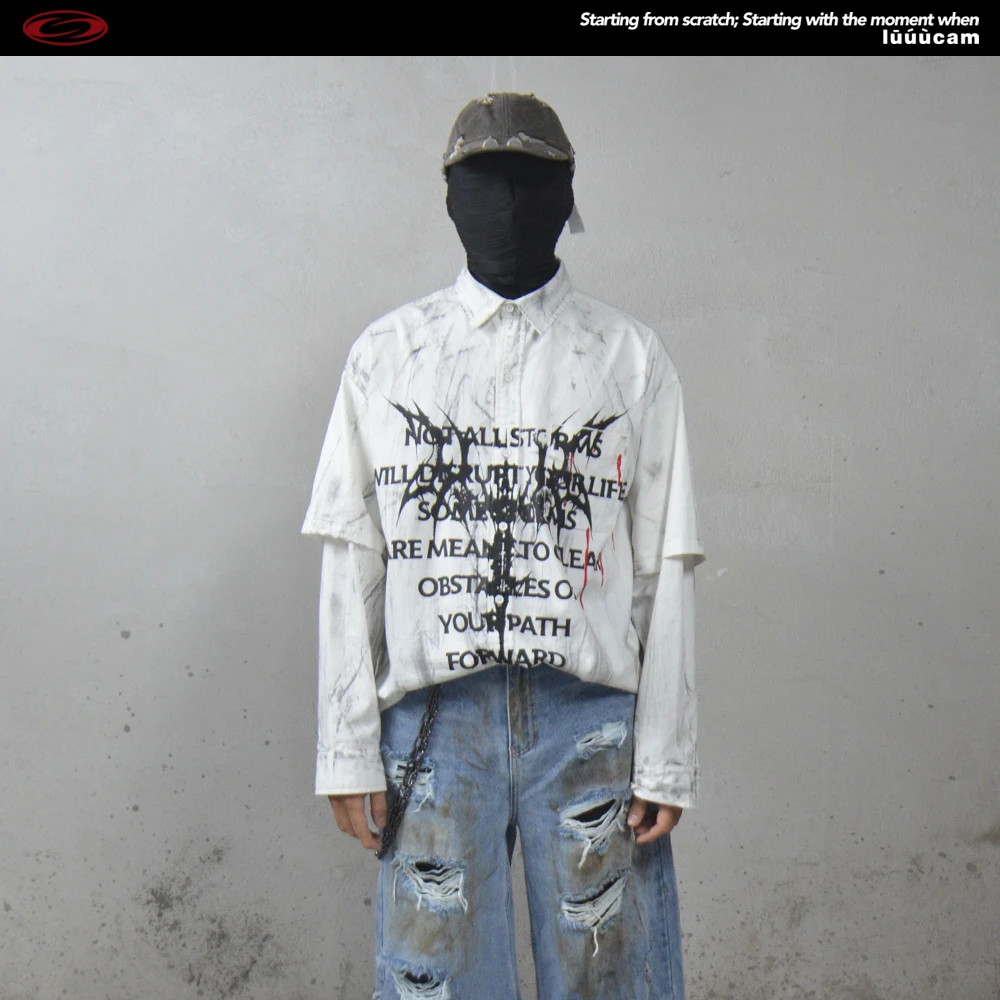 luuucam手工定制纯手绘做旧涂刷假两件长袖衬衫小众男女廓形衬衣