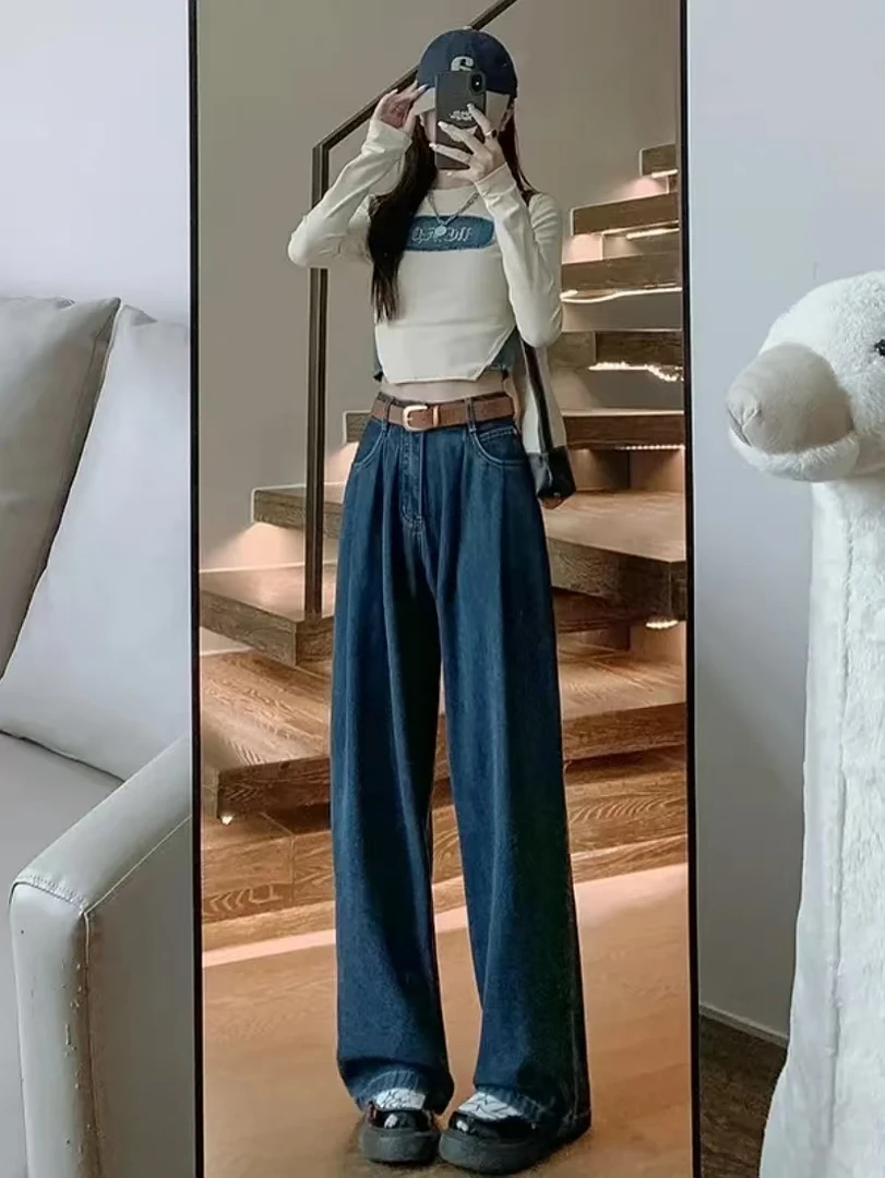 2024新款女装冬季高腰阔腿烟管牛仔裤