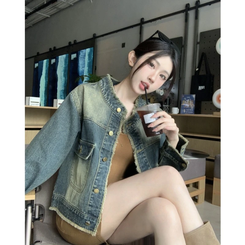 立领设计感毛边牛仔外套女2024春秋个性潮流宽松百搭夹克上衣百搭