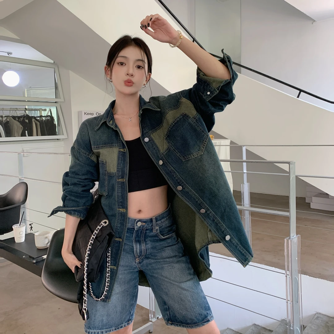 牛仔衬衫女2024春秋韩版宽松中长款慵懒风休闲撞色外套上衣8656