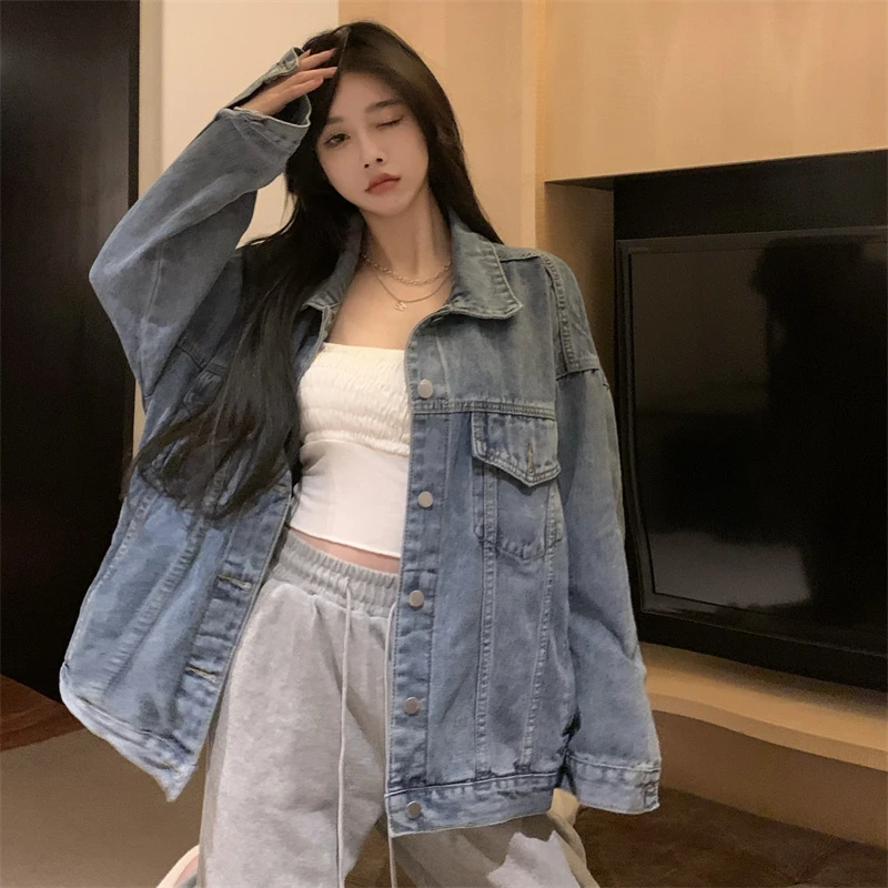 春秋设计感宽松短款复古牛仔外套女港味新款牛仔夹克上衣8662#