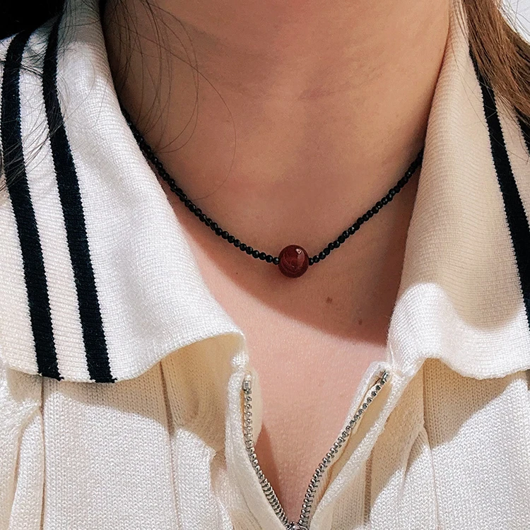 红玛瑙黑尖晶锁骨链极细2MM小米珠项链天然石