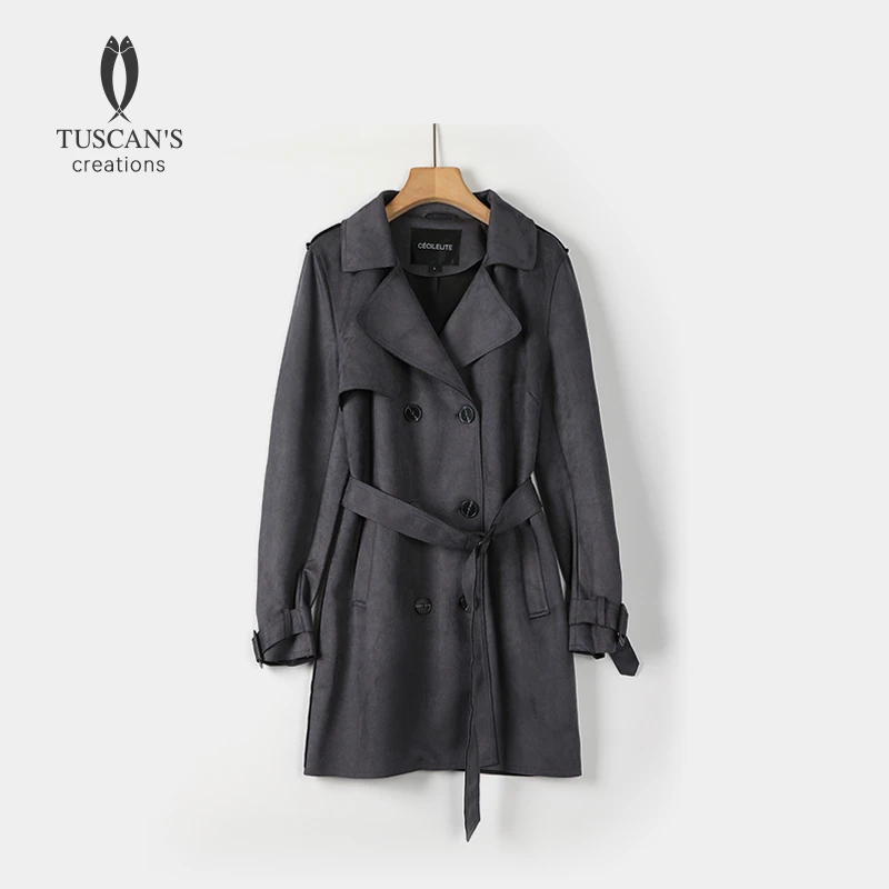 TUSCAN'S秋冬设计感翻领中长款收腰双排扣外套女风衣