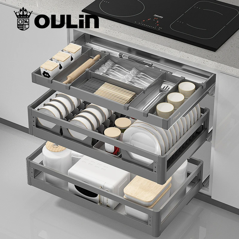 Oulin/欧琳【星耀系列】抽屉式拉篮A8太空铝厨房置物架碗碟阻尼导轨
