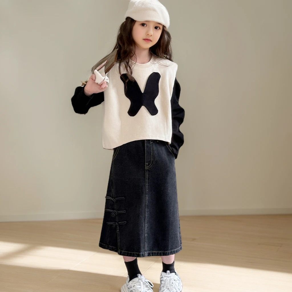 女童套装秋季新款儿童假两件上衣春秋装中大童牛仔半身裙春秋款