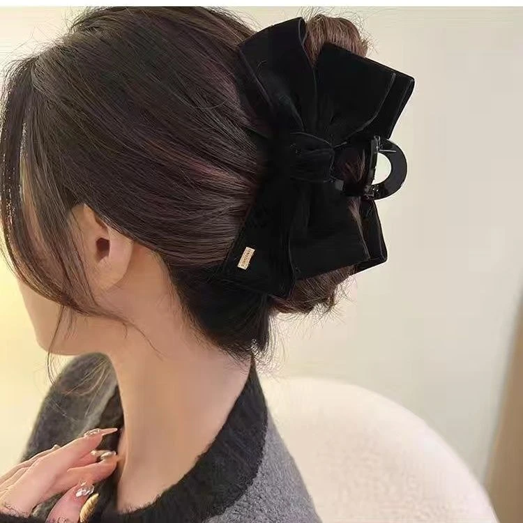 黑色赫本丝绒蝴蝶结发夹女士秋冬抓夹新款网红盘发后脑勺鲨鱼抓夹