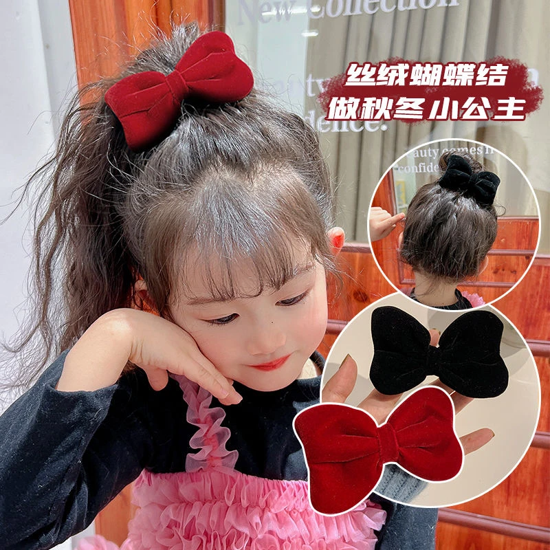 新年儿童发饰丝绒质感蝴蝶结发夹可爱女童不伤发碎发发卡夹子头饰