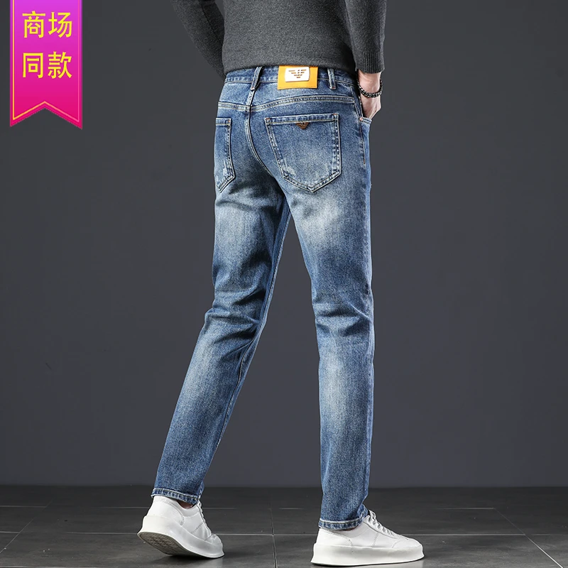 意大利高端外贸进口AJ男士牛仔裤水洗浅蓝色修身小脚裤秋冬款长裤