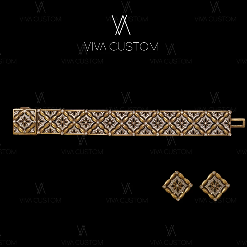 铜合金合成锆石耳饰 （鎏金岁月系列）复古棱形编织感雕刻套装