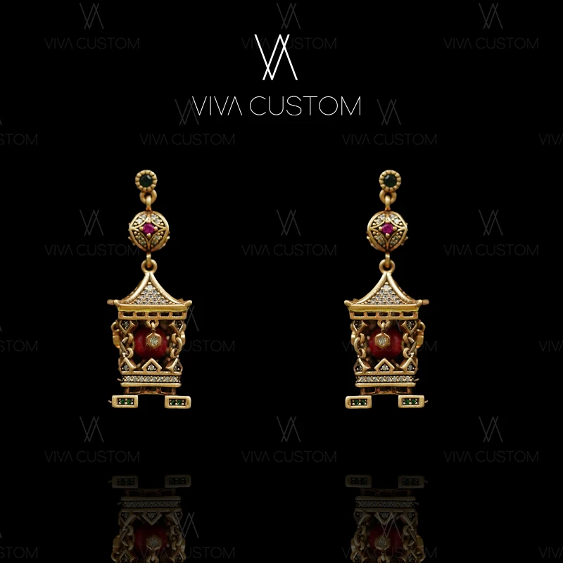 铜合金合成锆石耳饰 （精工系列）复古国风高级感宫灯耳钉
