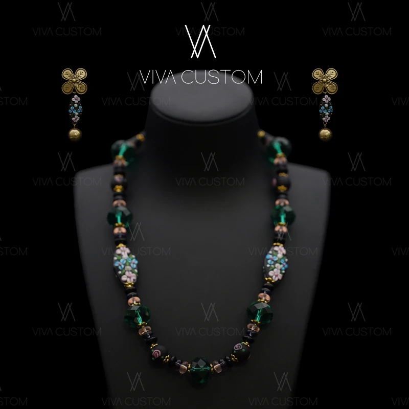 合金项链 古法琉璃系列 复古宫廷风设计感净月花纹套装◎