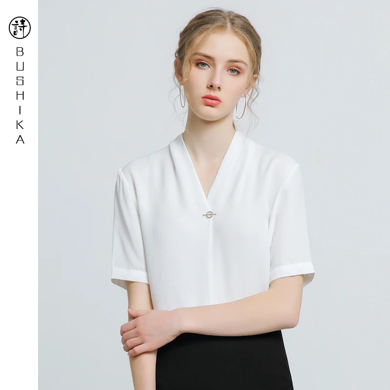 白色短袖衬衫女2025夏装新款韩版v领职业雪纺上衣薄正装气质时尚