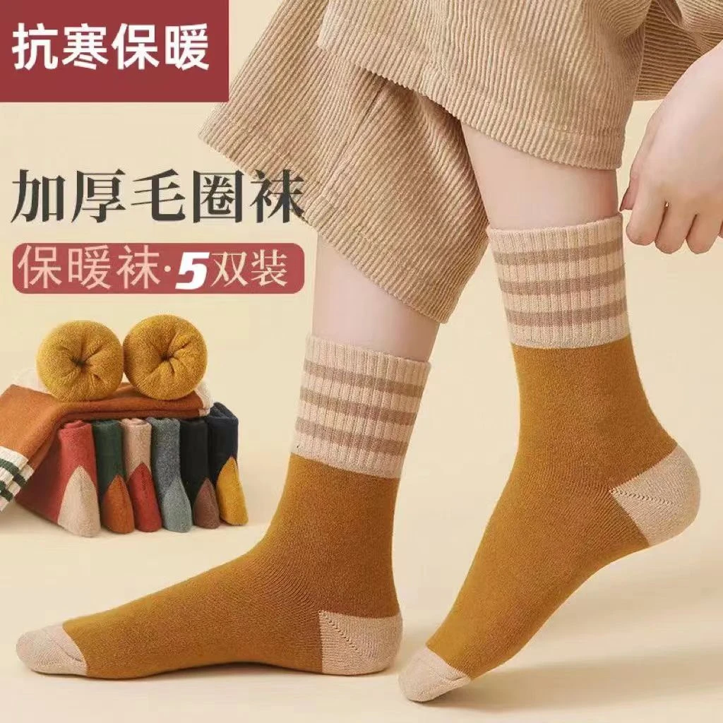 复古风条纹毛圈袜冬季保暖加绒加厚抗寒保暖男女款秋冬新款棉袜