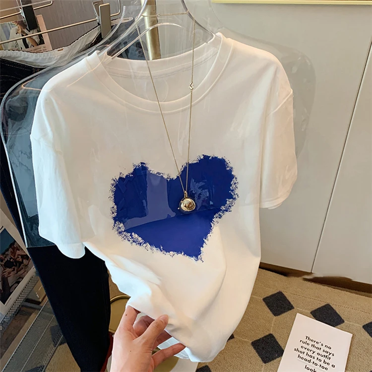 t458#港味蓝色爱心短袖T恤女小众设计感上衣男女通穿宽松ins半袖