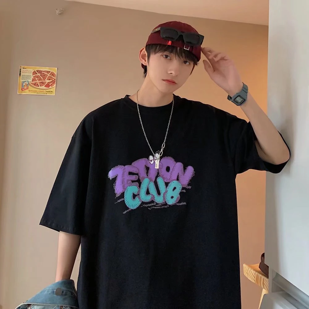 美式五分半袖体恤衫宽松学生ins短袖港风T恤五分休闲圆领印花半袖