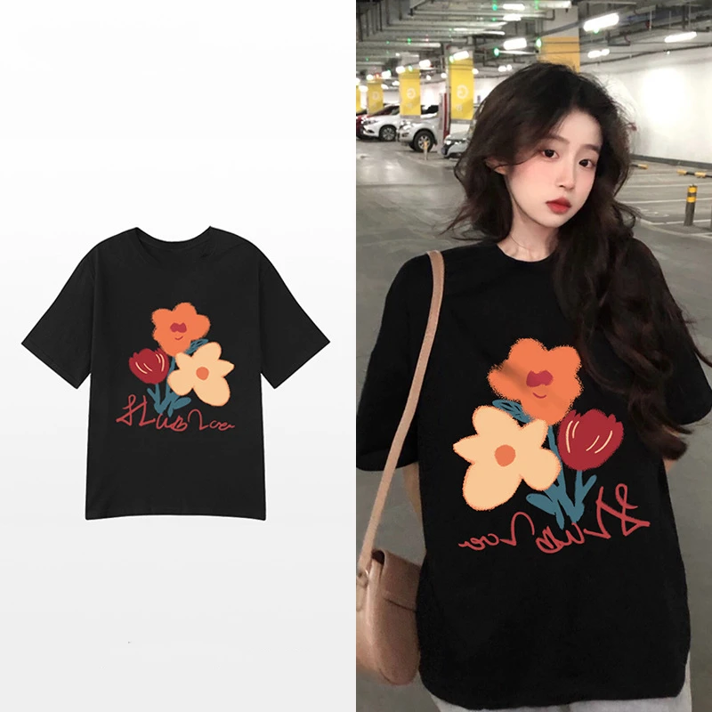 鲸禧严选纯棉短袖T恤半袖女夏季新韩版ins潮花朵印花宽松圆领上衣