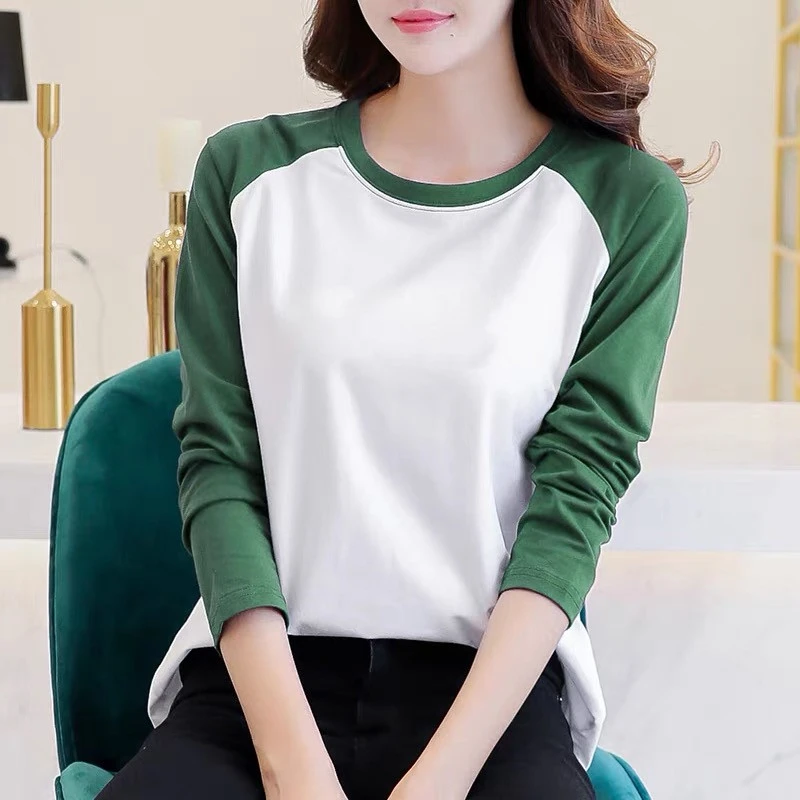 M07#早秋纯棉拼色长袖t恤洋气撞色高质量纯棉圆领长袖t恤女打底衫