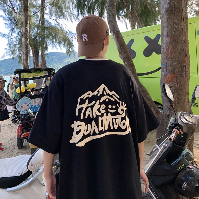 圆领落肩袖短袖宽松型热转印T恤印花休闲半袖复古美式潮流