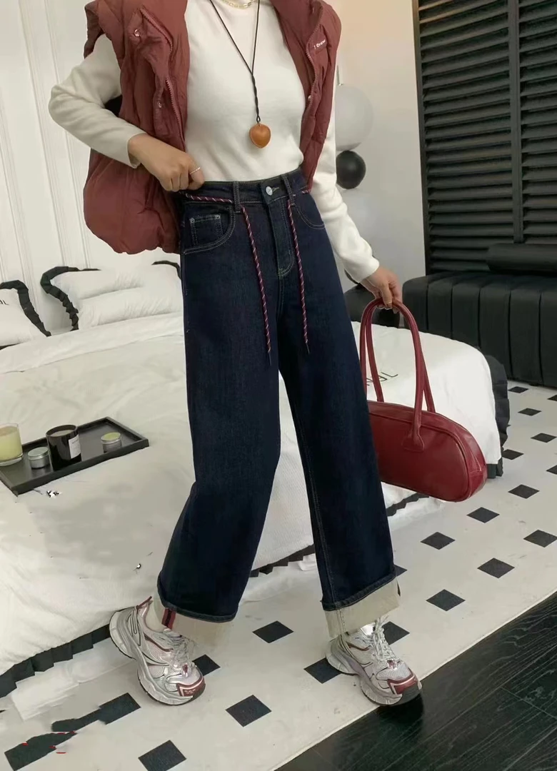 8731-AQ.深蓝色弹力翻边牛仔直筒裤