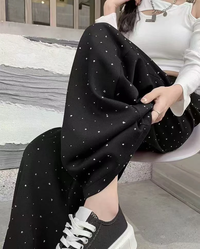 1355-AQ新款烫钻松紧拉绳加绒阔腿裤