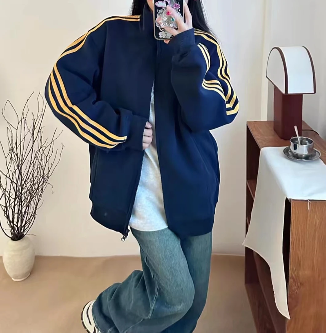 720-2-DQ藏青色色三条杠加绒卫衣外套(85-140)