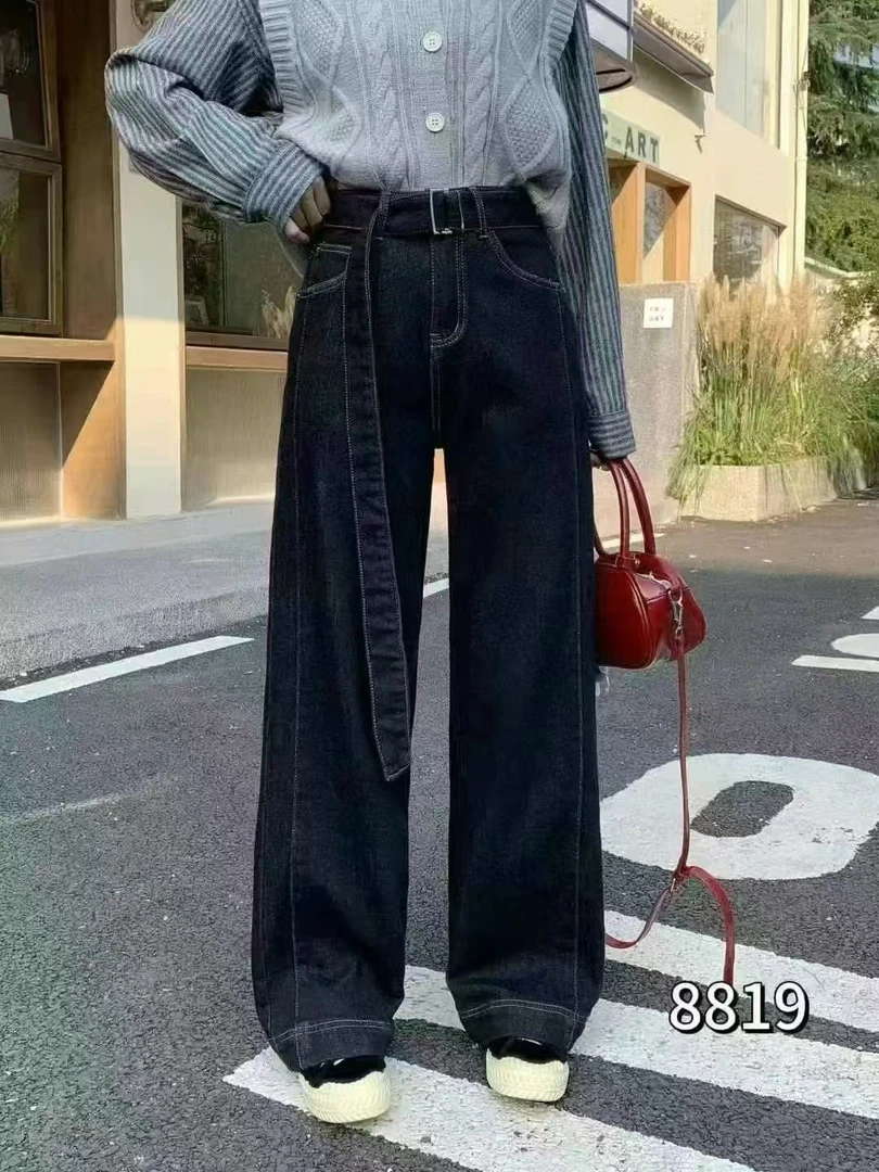 8819-1AQ深蓝色加绒微弹牛仔阔腿裤
