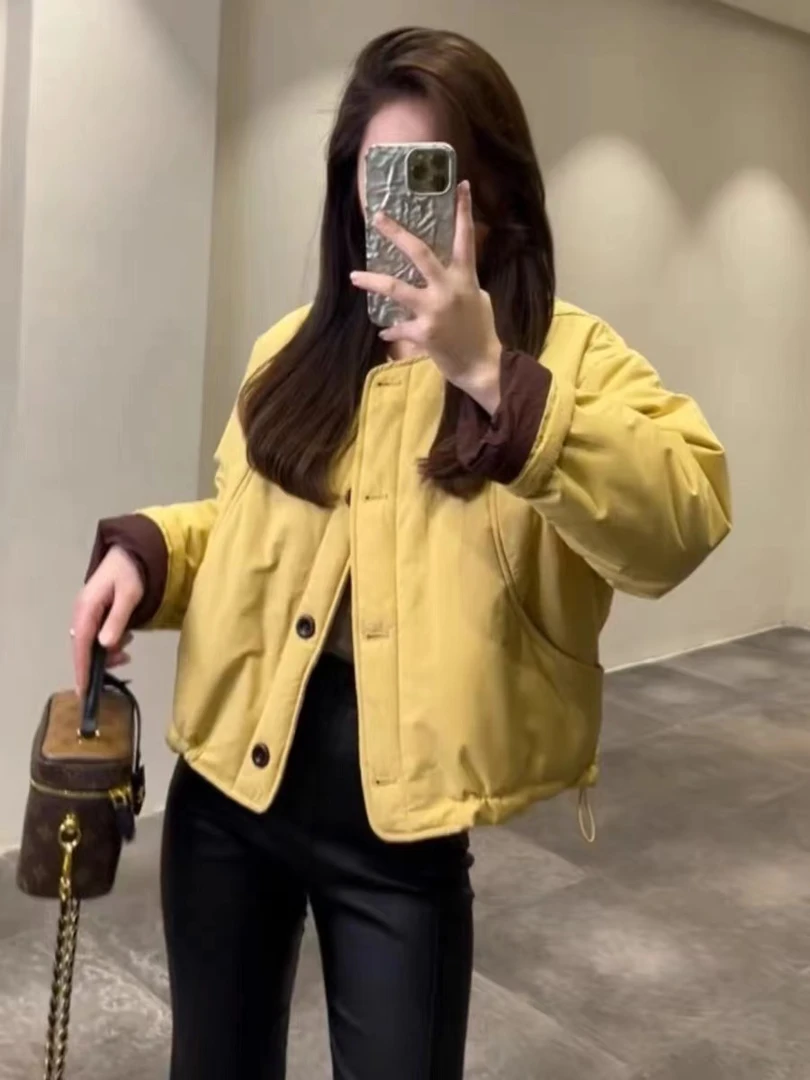 时尚休闲韩版拼色圆领棉服外套女洋气减龄棉衣