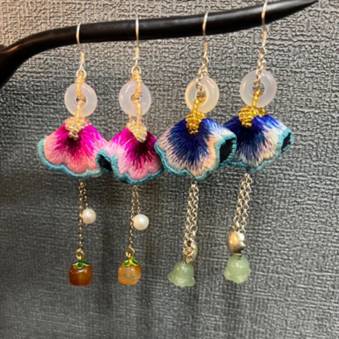 非金属布艺耳饰 永生花红色款时尚耳环国风古风纯手工长款中国风